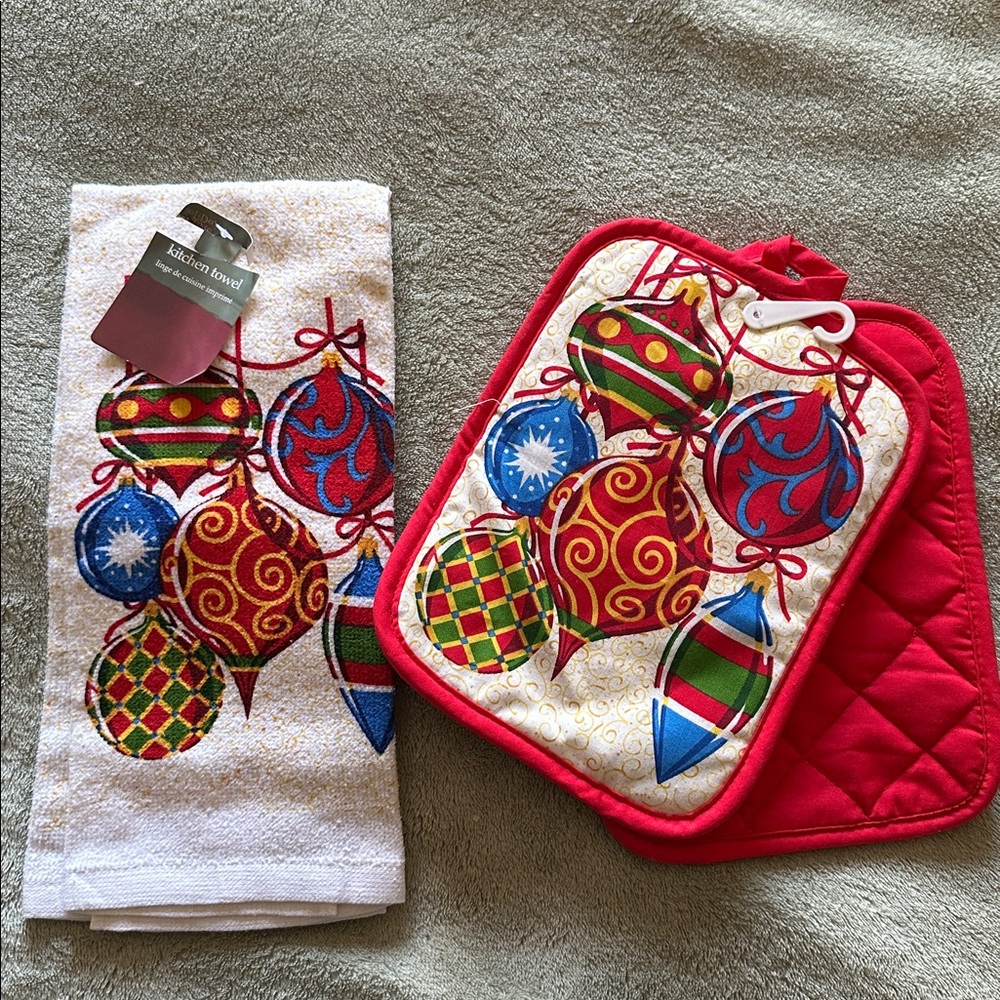 Festive Ornament Kitchen Towel and Pot Holder Set